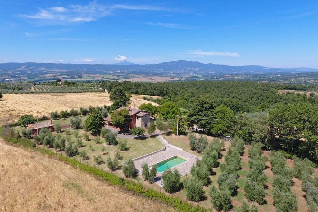 an aerial view of a farm with a pool and trees at Il Querceto by Great Stays in Città della Pieve