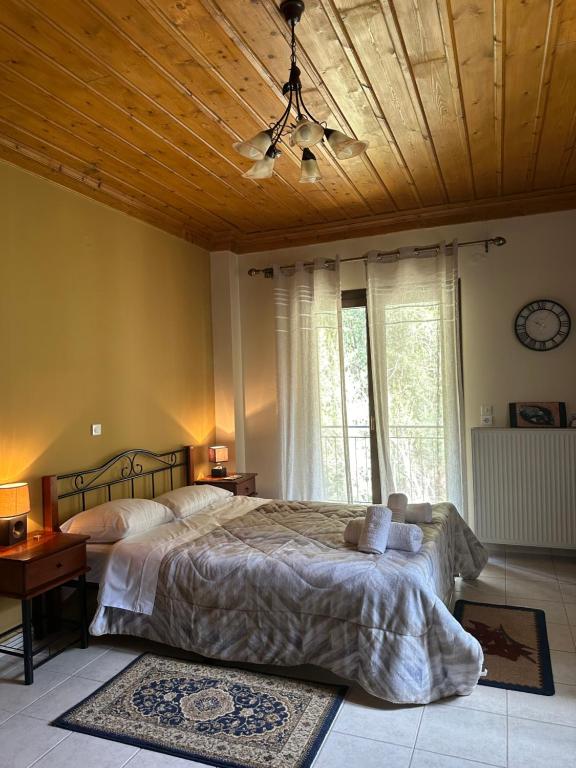 a bedroom with two beds and a wooden ceiling at Τα πέτρινα γεφύρια 2 in Dimitsana