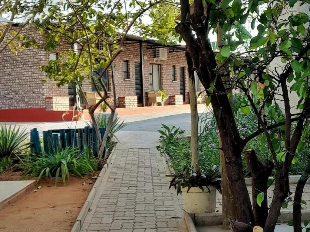 a brick building with a tree and a brick sidewalk at the FARMHOUSE BOUTIQUE GUESTHOUSE AND BEERGARDEN CC in Outjo