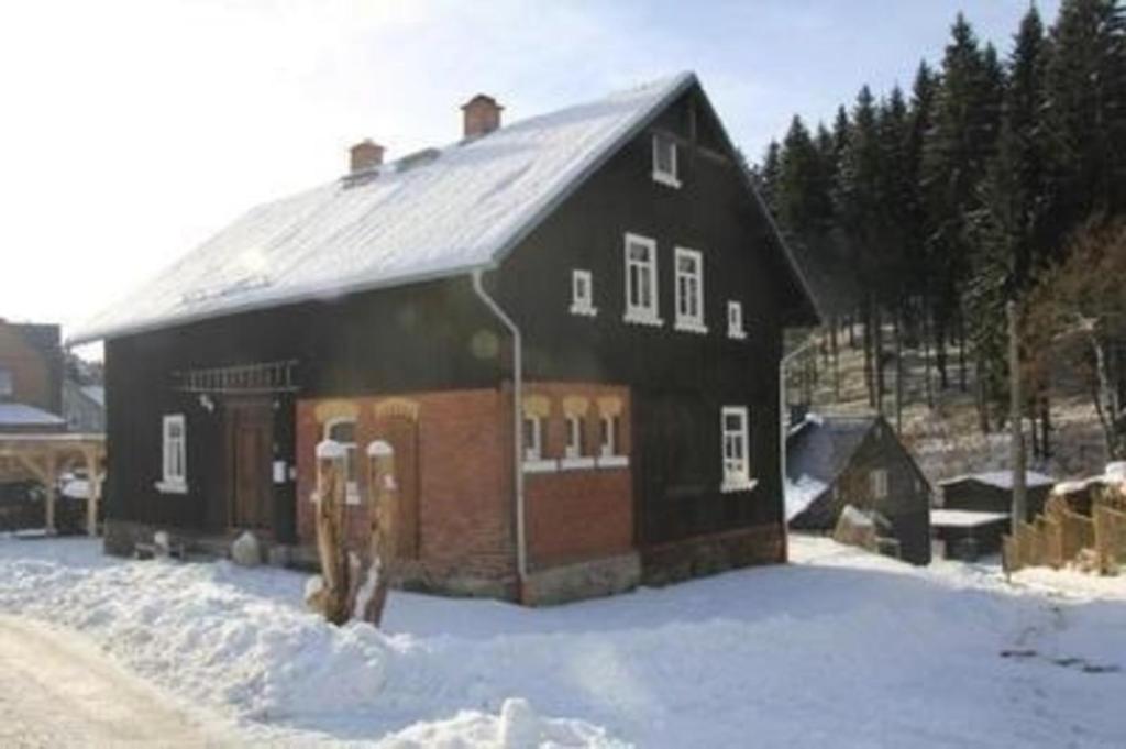 Czarny dom ze śniegiem przed nim w obiekcie Schöne Wohnung in Klingenthal mit Garten, Grill und Terrasse w mieście Klingenthal
