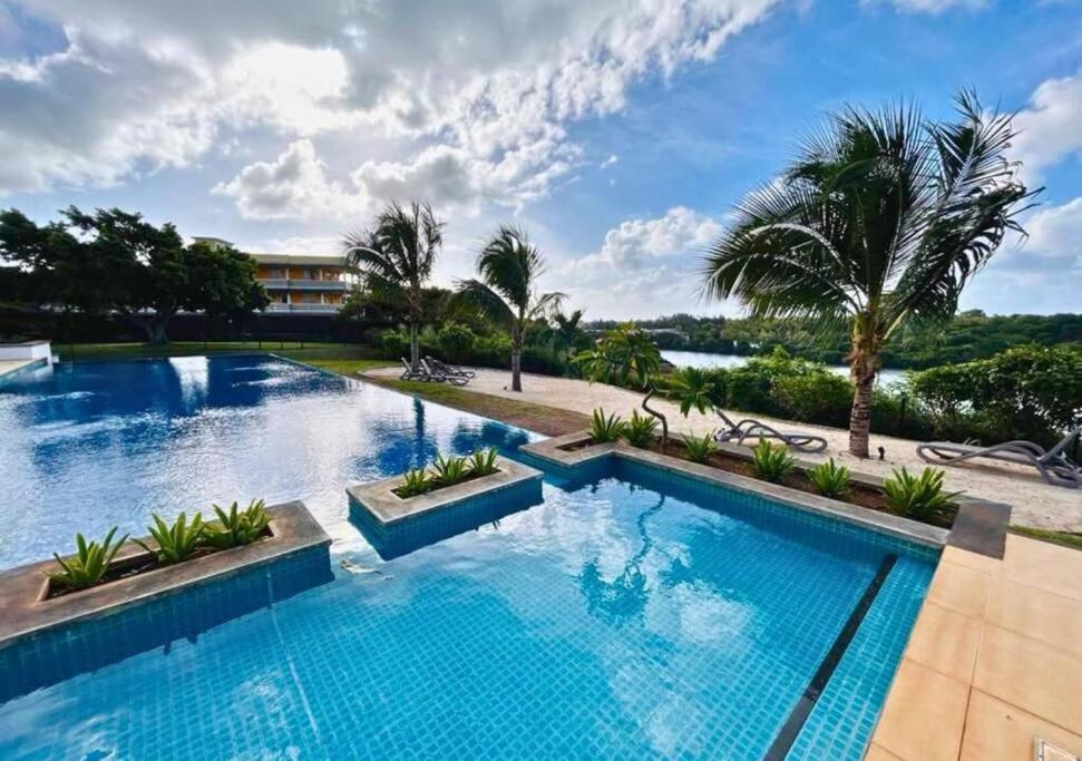 una gran piscina con palmeras y un edificio en Tyla Villa in Port Chambly en Terre Rouge
