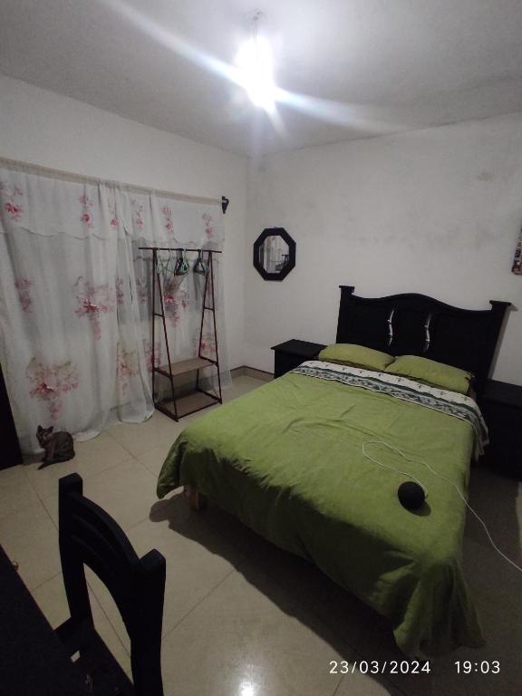 um quarto com uma cama verde num quarto em Cómoda y agradable habitación con baño privado em Uruapan