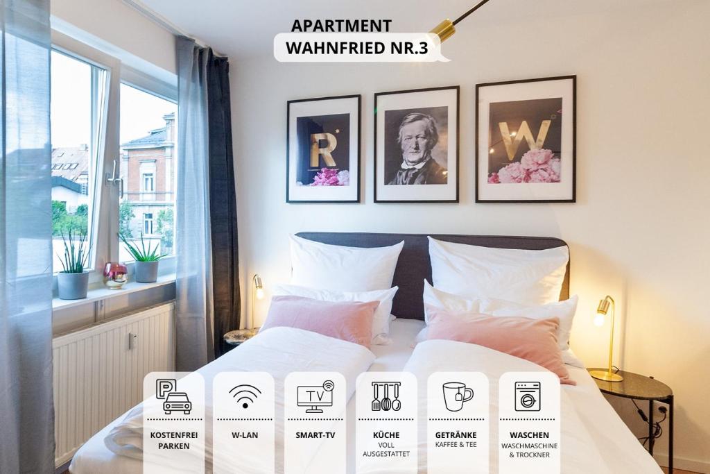 เตียงในห้องที่ Apartment Wahnfried No3 - citynah wohnen mit Küche und Duschbad, Parkplatz, 300m zur Fussgängerzone
