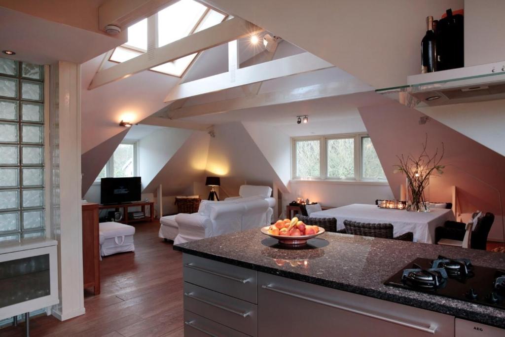 een keuken en een woonkamer met een zolder bij Loft aan Zee, Penthouse B&B aan de Schoorlse duinen in Schoorl