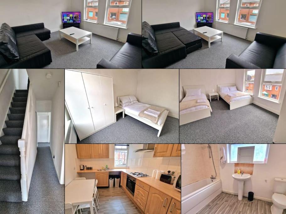 een collage van foto's van een woonkamer en een keuken bij Comfy Apartment - Nottingham Centre - Free Parking in Nottingham