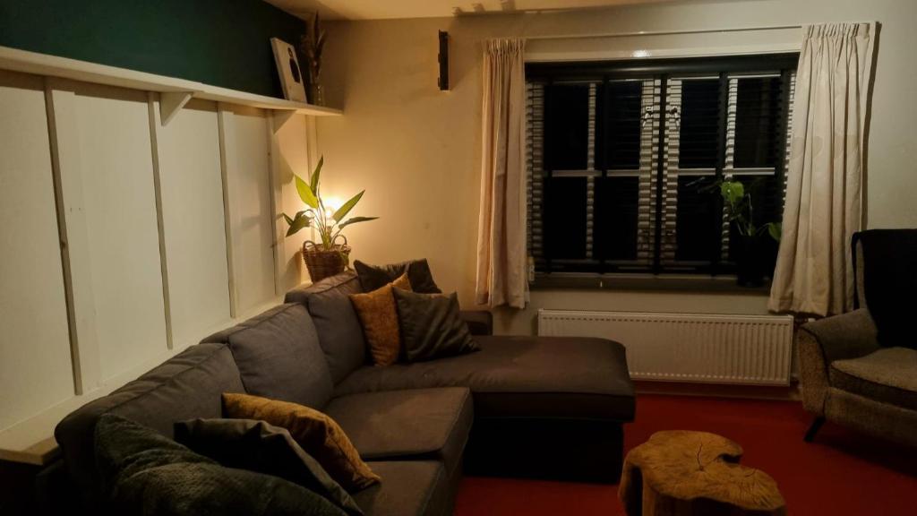 ein Wohnzimmer mit einem Sofa und einem Fenster in der Unterkunft Gastenhuisje in Zelhem