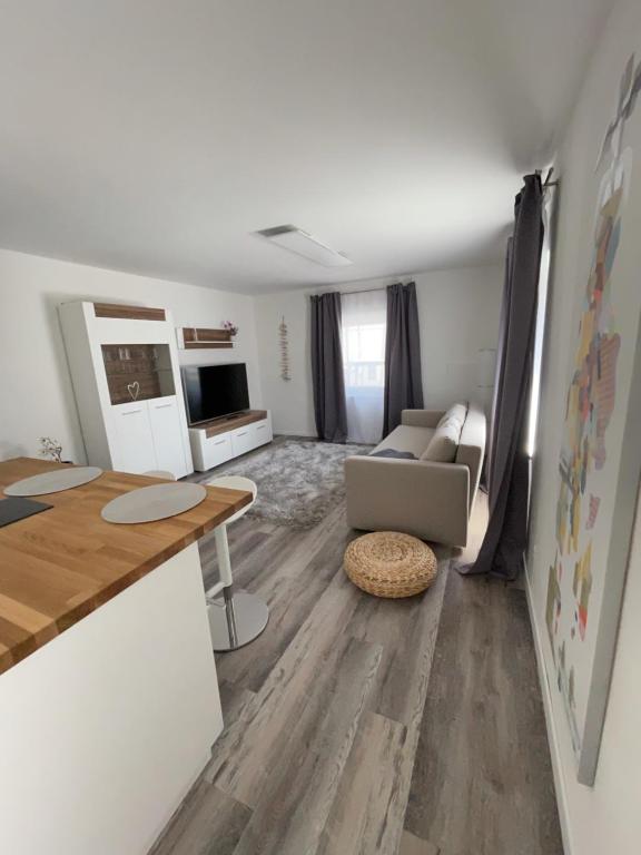巴林根的住宿－FeWo Apart，厨房以及带桌子和沙发的客厅。
