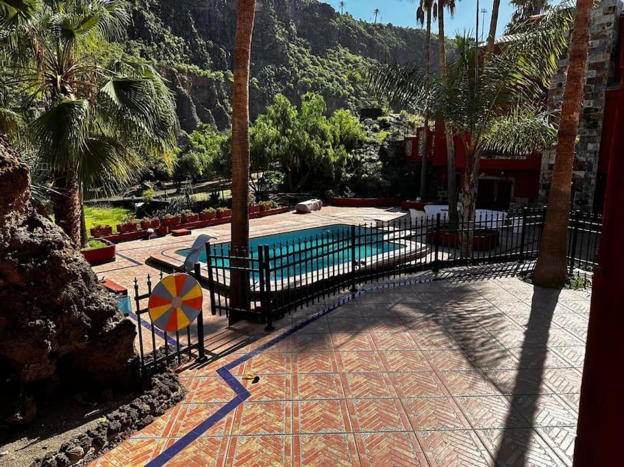 una piscina en un complejo con palmeras en Casa de campo con piscina en Las Palmas de Gran Canaria
