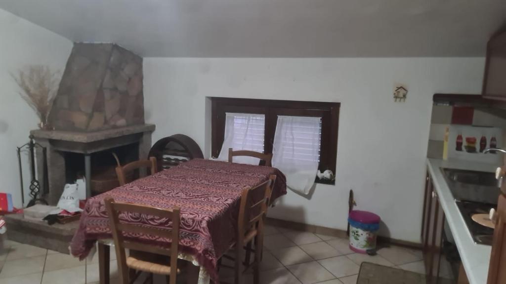 eine Küche mit einem Tisch und Stühlen sowie einem Kamin in der Unterkunft NOVA DOMUS in Corfinio