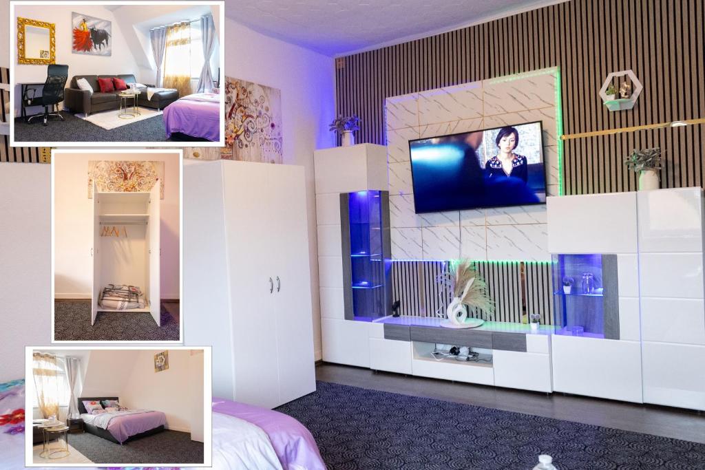 a collage of pictures of a room with a tv at Superior 3 rooms, 4-8 guests, modern, Full equipped in Duisburg