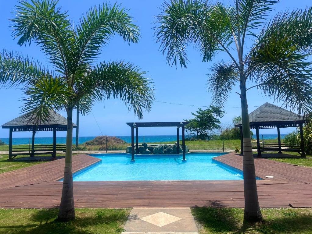 a swimming pool with a playground between two palm trees at Crusoe (5 bedrooms, Crownpoint) in Bon Accord