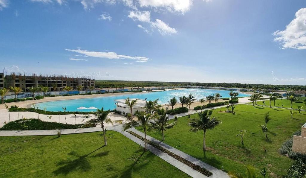 an aerial view of the pool at the resort at SantoriniRD in Punta Cana