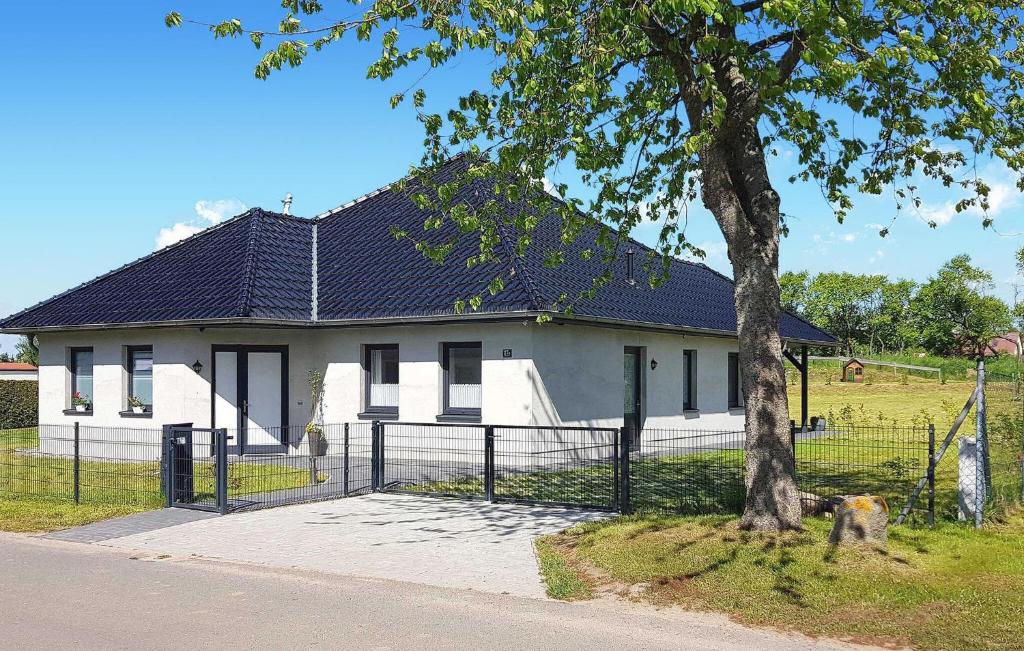 a white house with a black roof and a tree at Nice Home In Grnow Ot Ollendorf With Kitchen in Blankensee