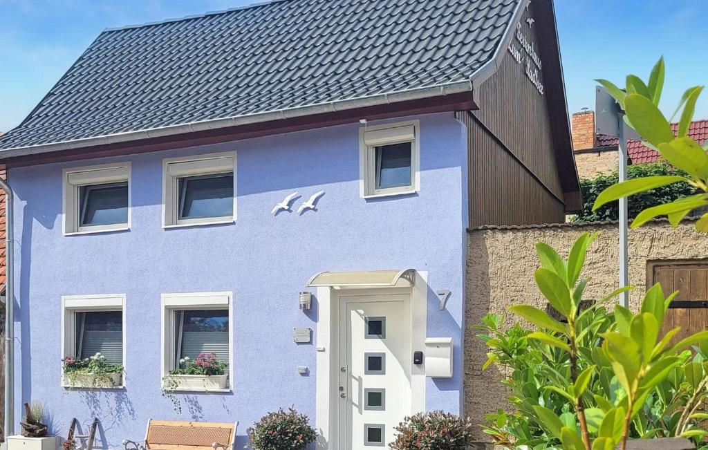 ein blaues Haus mit schwarzem Dach in der Unterkunft Awesome Home In Penzlin With Kitchen in Penzlin