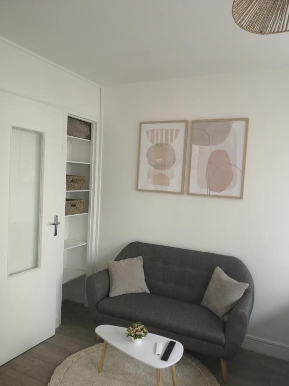 ein Wohnzimmer mit einem Sofa und einem Couchtisch in der Unterkunft Studio cosy tout confort proche aéroport et Paris in Choisy-le-Roi