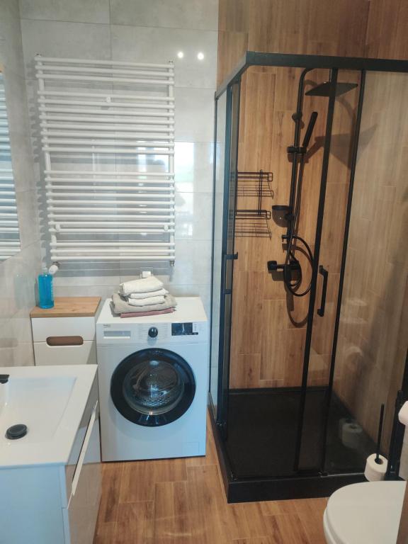 uma máquina de lavar roupa na casa de banho com um chuveiro em Apartament Perła Kutna em Kutno