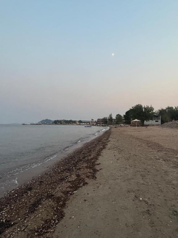 an empty beach with the ocean in the background at Villa Elia in Néa Koróni