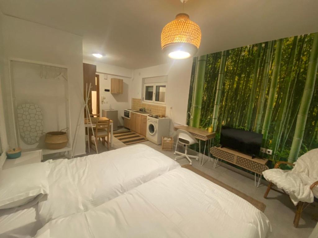 科扎尼的住宿－SnD Rentals- Studios，卧室设有白色的床和大窗户