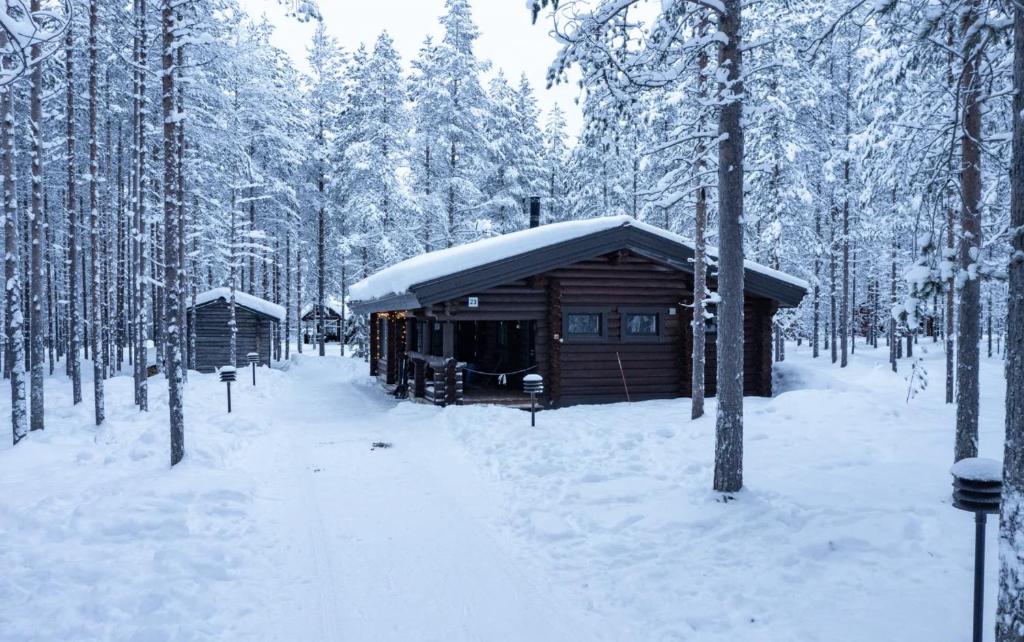 ein Blockhaus im Schnee in einem Wald in der Unterkunft Luostokoti Lumo in Luosto