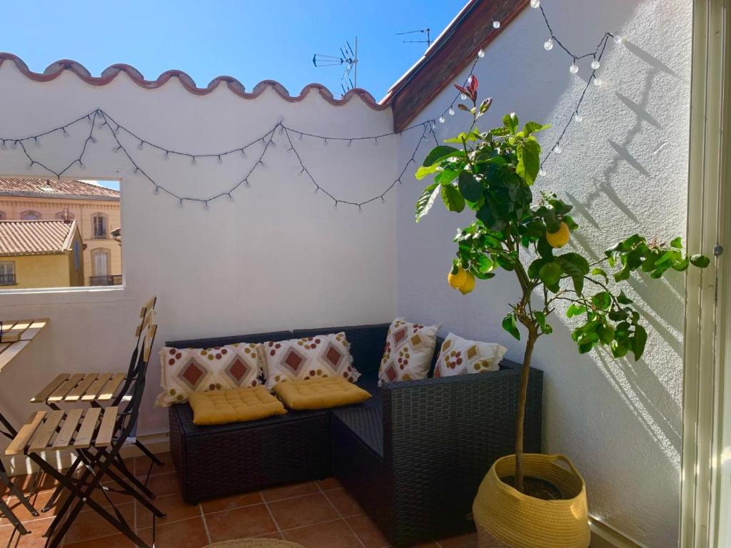 a balcony with a couch and a potted plant at Maison spacieuse et calme, idéal famille in Perpignan