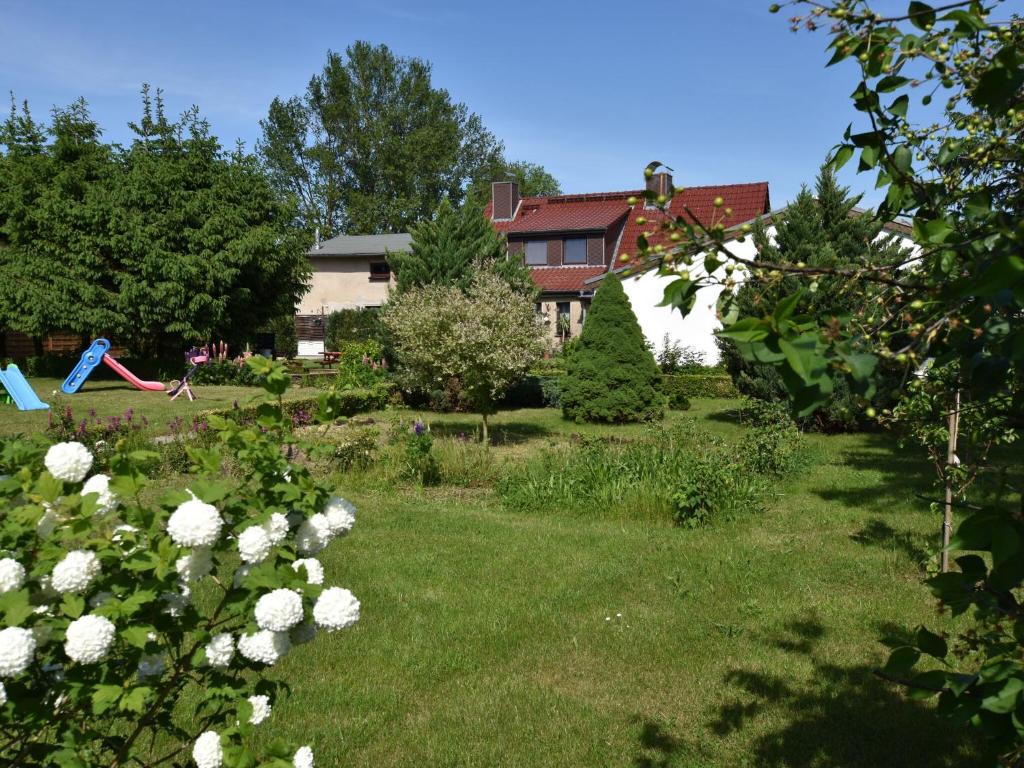 a garden with white flowers and a house at Beautiful Apartment in Robertsdorf with Garden in Blowatz