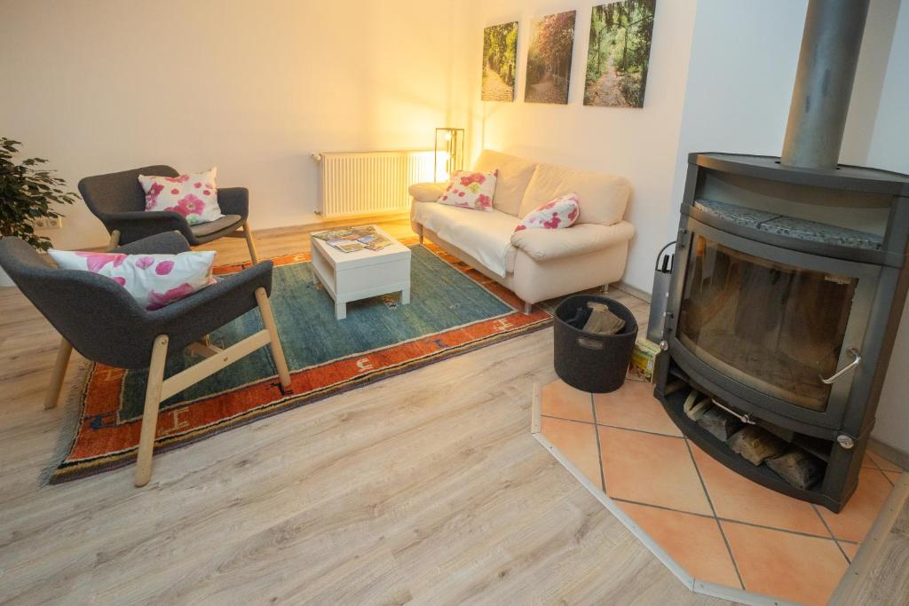 a living room with a fireplace and a couch and chairs at Ferienwohnung in ruhigem Viertel in Rhodt unter Rietburg