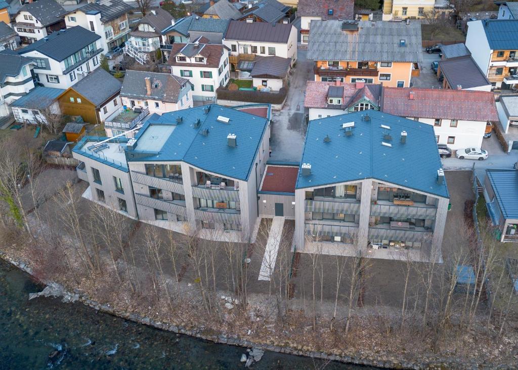 an aerial view of a building with a blue roof at DAS GRIES in Schladming