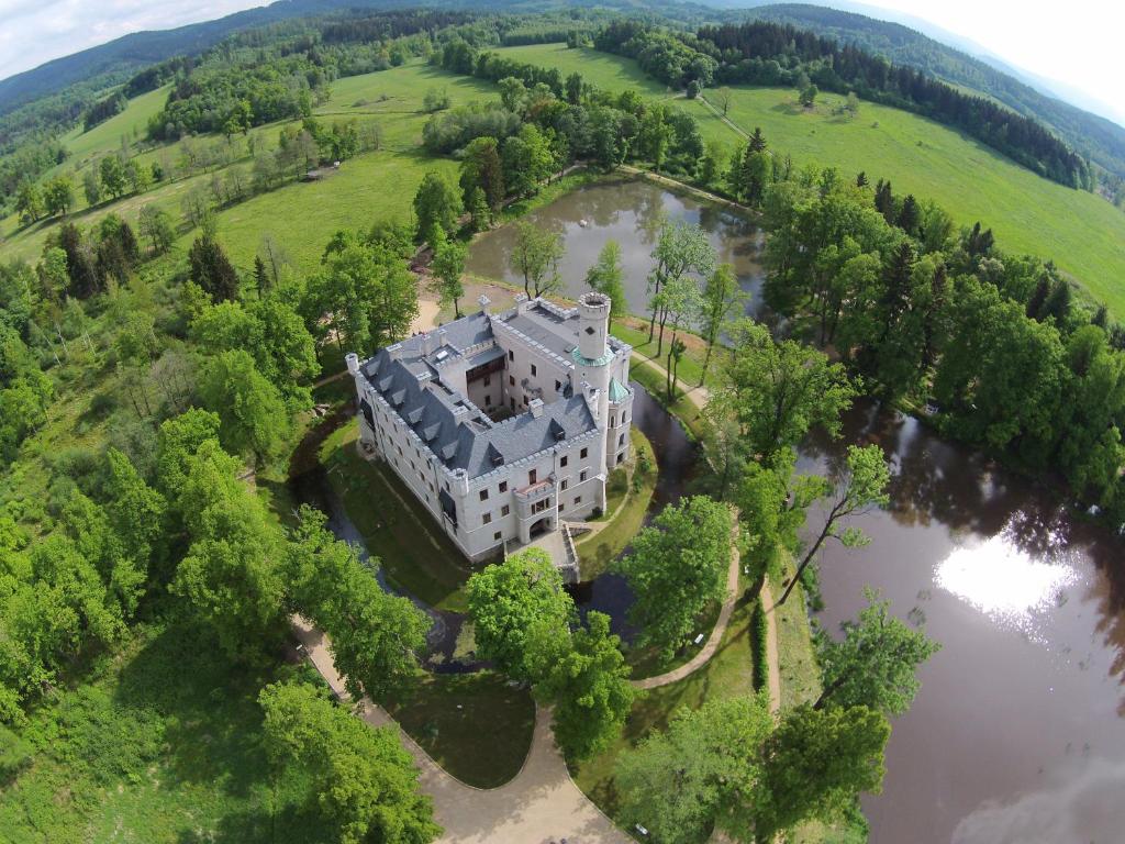Top-down view of castle island with ponds and lush green landscape, secluded rural atmosphere