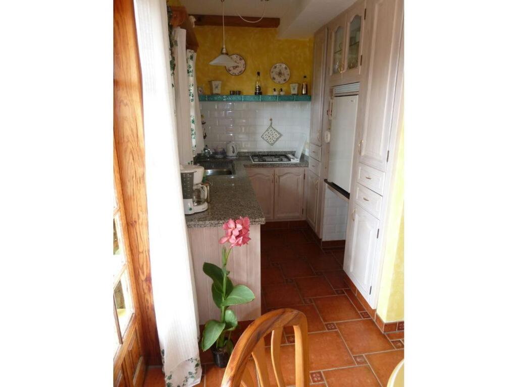 una cocina con una mesa y un jarrón con una flor en Casa Pedro in the Finca Angel, en Santa Úrsula