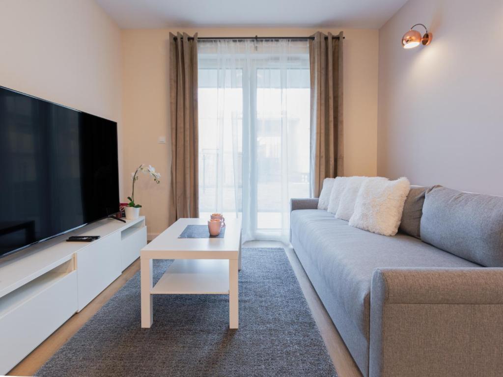 un soggiorno con divano e TV di VacationClub - Apartamenty Zakopiańskie Apartament 51 a Zakopane