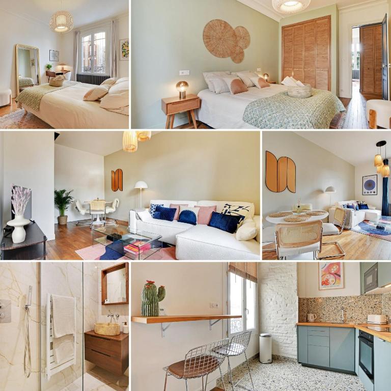 a collage of photos of a hotel room at Luxury Cocon by Les Maisons de Charloc Homes in Boulogne-Billancourt