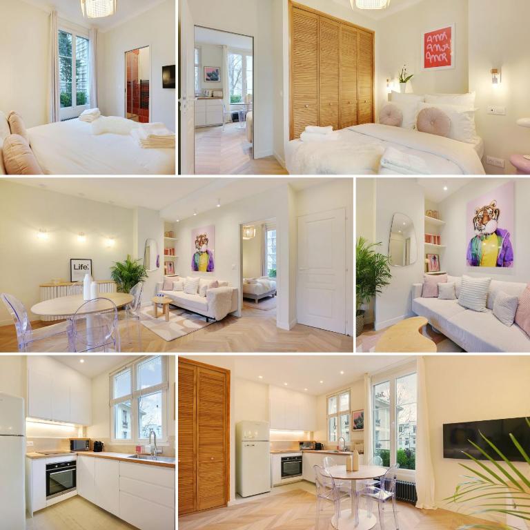 a collage of photos of a bedroom and a living room at Comfy Suite by Les Maisons de Charloc Homes in Boulogne-Billancourt