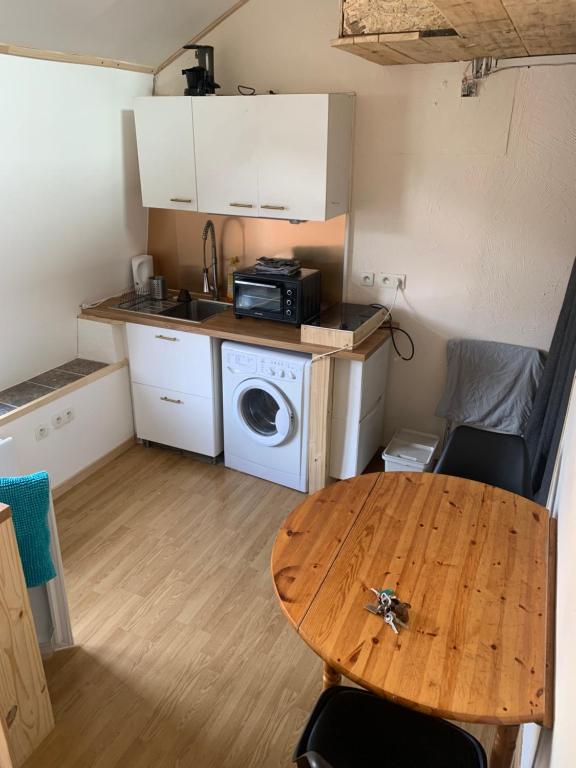 une petite cuisine avec une table et un lave-linge. dans l'établissement Studio deux personnes, à Briançon