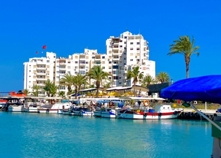 a group of boats docked in a harbor with a building at Best Kept Secret by the Sea in Famagusta