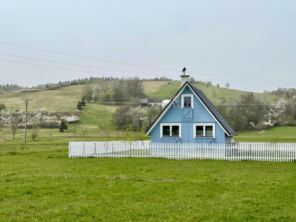 a blue house with a white fence in a field at U Ewy pod Brzozami in Nowy Żmigród