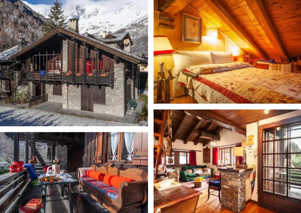 kolaż czterech zdjęć pokoju hotelowego w obiekcie Spacious chalet low-cost for a group holiday w mieście Courmayeur