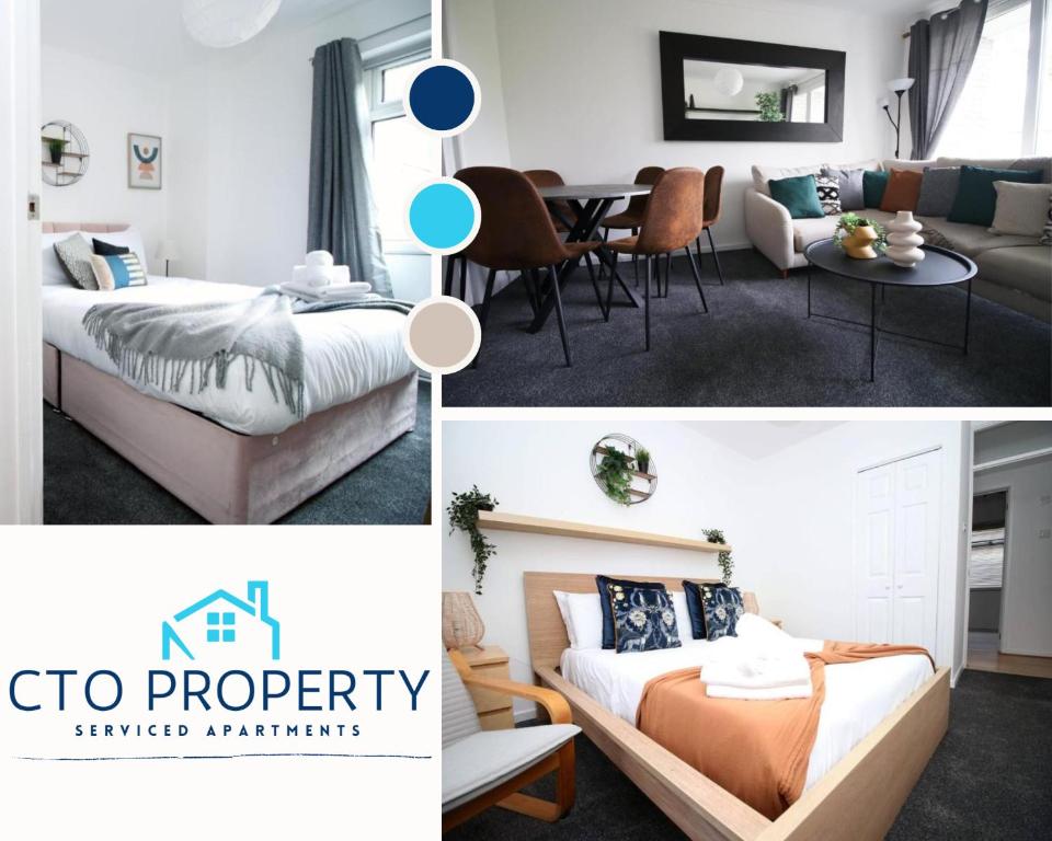 a collage of photos of a bedroom and a living room at Peaceful 3 Bed Flat with Parking and Balcony by CTO Serviced Apartments in Cardiff