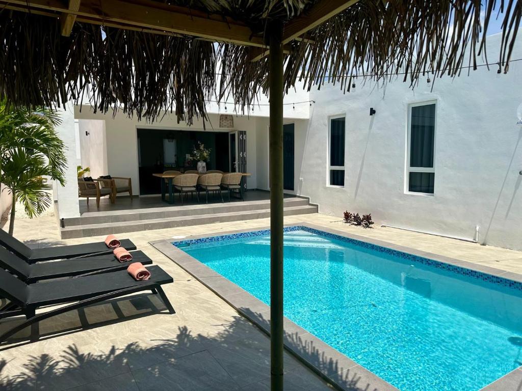 a swimming pool with a chair next to a house at Villa Sol A Luna - Mambo Beach in Willemstad