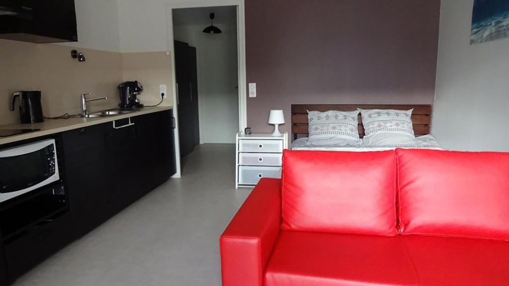1 sofá rojo en la sala de estar con 1 cama en Studio tout confort à 5 mn métro+parking gratuit en Montreuil