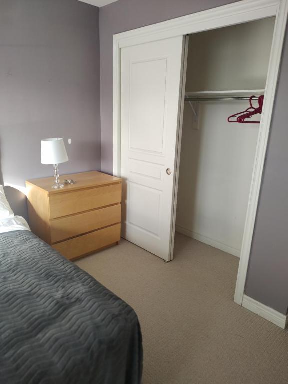 a bedroom with a bed and a dresser and a closet at Double bed Suite - Very close to the Falls, Casinos and Marineland in Niagara Falls