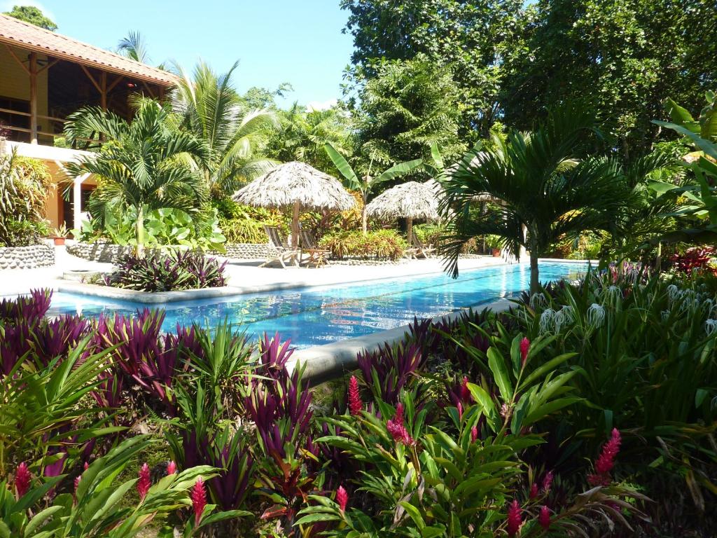 a swimming pool in a resort with trees and flowers at Bluff Beach Retreat in Bocas Town