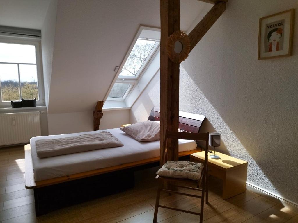 a bedroom with a bed with a ladder and a window at Flussperle in Coswig