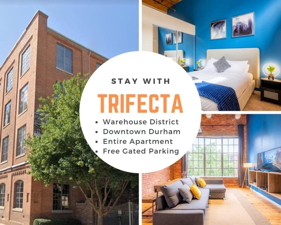 un collage di tre foto di una camera d'albergo di 100 Year Old Historic Brick 2BR Loft High Ceiling3 a Durham