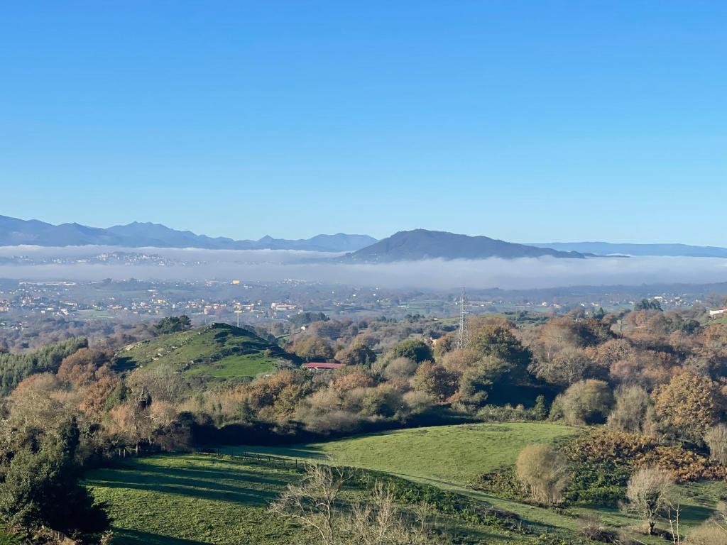 a view from the top of a hill with trees and a river at Vivienda vacacional cuatrocaminos in Berrón