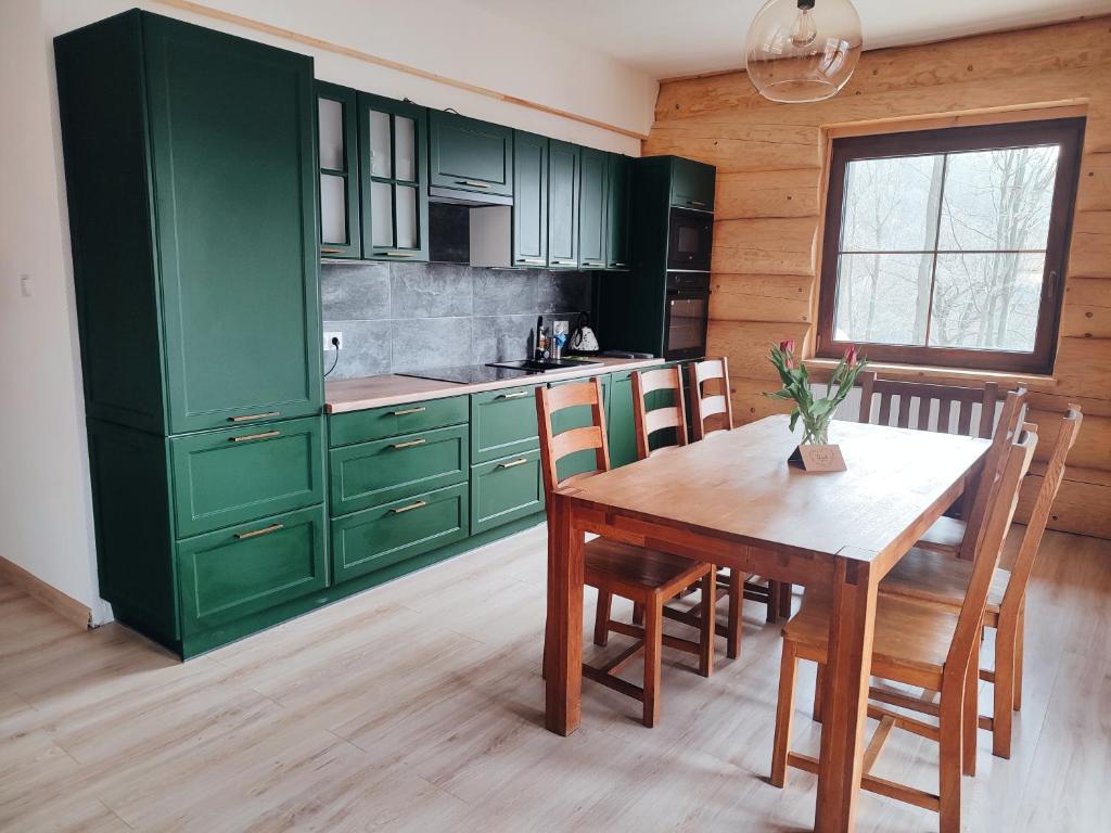 cocina con armarios verdes y mesa de madera en Chata Santa Claus - Rudolf GÓRY SOWIE en Sokolec