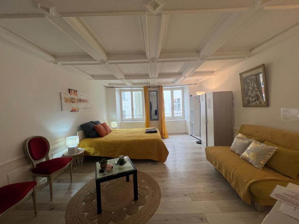 a living room with a bed and a couch at Au clair de la Lune - jusqu'à 4 personnes, centre historique in Porrentruy