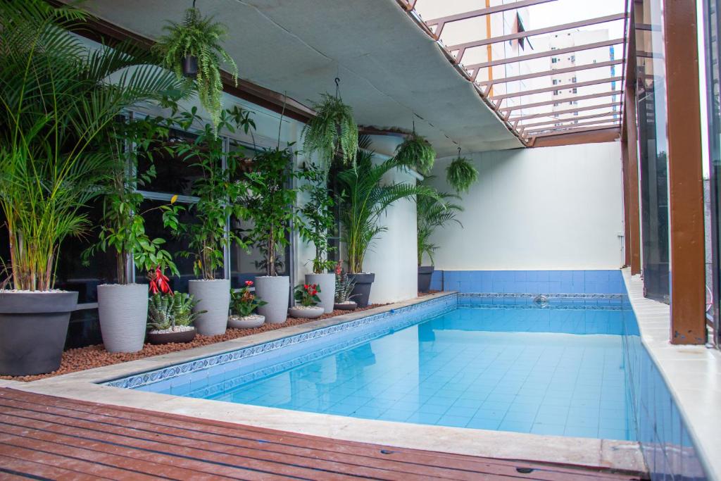a swimming pool with potted plants in a building at Prestige Manaus Hotel in Manaus