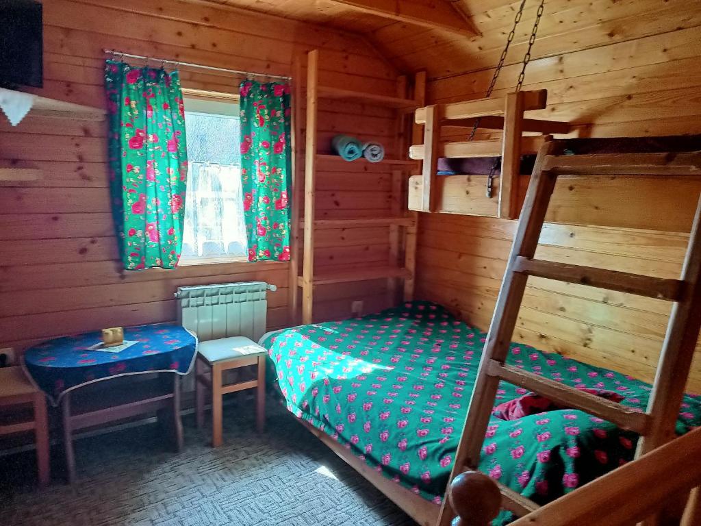 a bedroom with a bunk bed and a table and a chair at Mały domek pod lasem in Zakopane