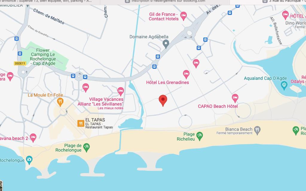 une carte des endroits où séjourner à Versailles dans l'établissement Les terrasses de la plage 255, T3 bien équipé, wifi, parking, au Cap d'Agde