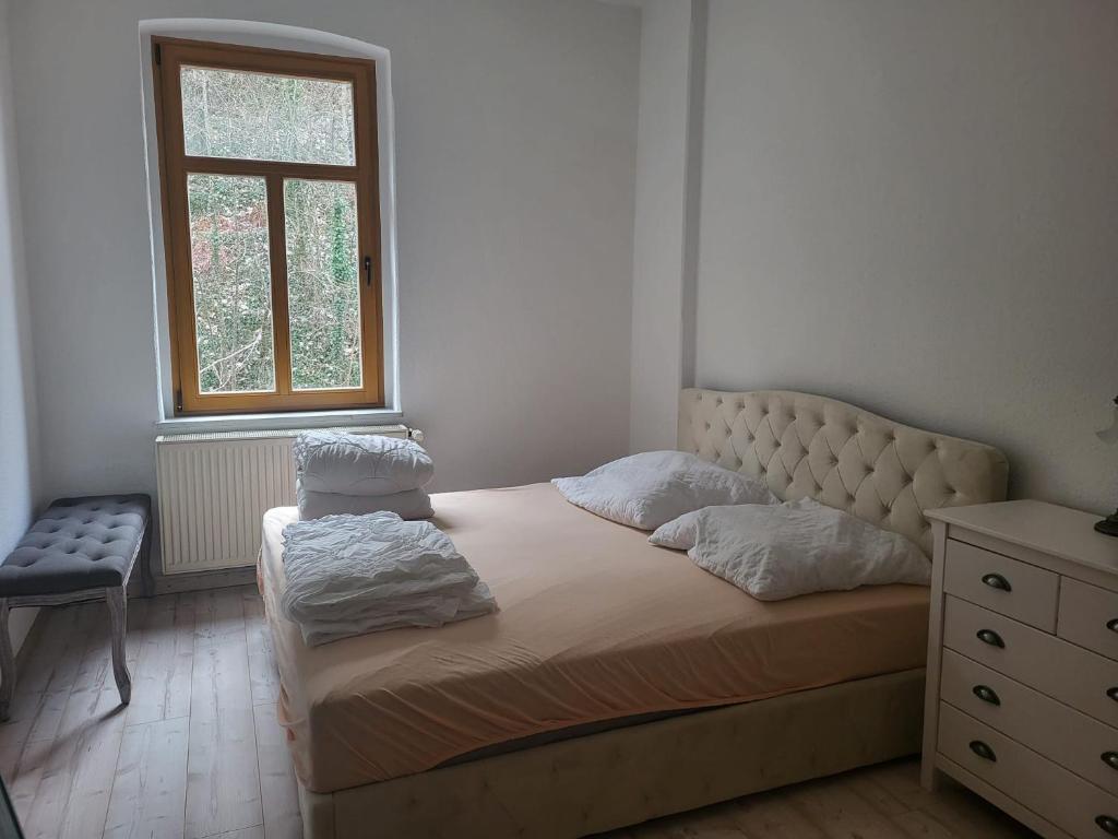 ein kleines Schlafzimmer mit einem Bett und einem Fenster in der Unterkunft Ferienwohnung mit Blick auf die Elbe und den Lilienstein in Königstein an der Elbe